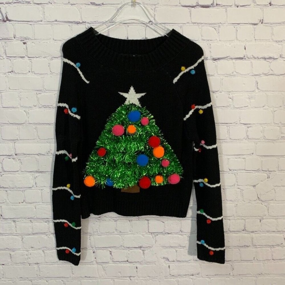 Dillards Tinsel Christmas Tree Pom Pom Sweater Cropped Mock Neck Size Small NWT